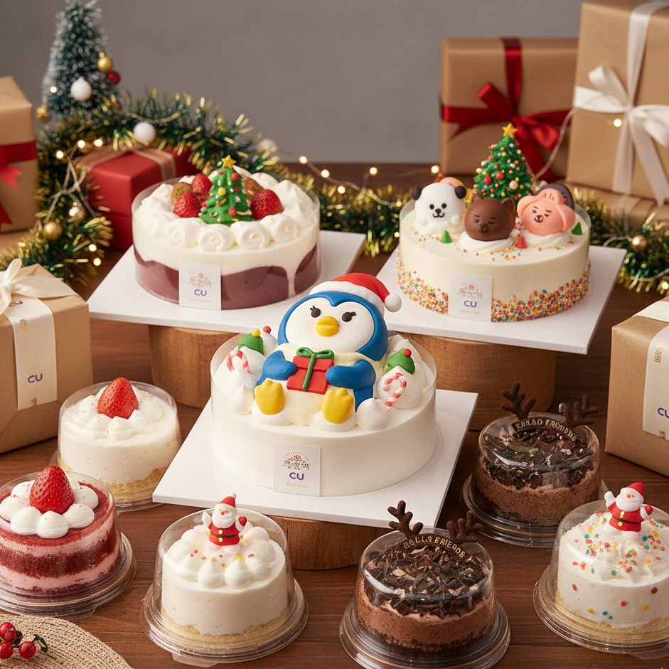 CU 편의점에서 판매하는 다양한 캐릭터 모양의 크리스마스 케이크와 미니 케이크들이 진열된 모습