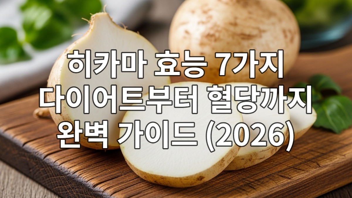 껍질이 벗겨지고 얇게 썰린 신선한 히카마 조각들이 나무 도마 위에 놓여 있고, 뒤쪽에는 통 히카마가 살짝 보이는 모습. 히카마 효능, 다이어트, 혈당 조절.