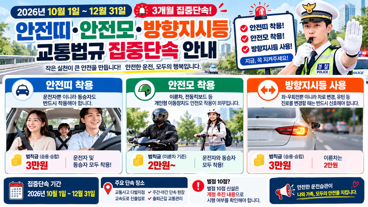 2026년 10월 안전띠&middot;안전모&middot;방향지시등 집중단속 기간과 착용 의무, 범칙금 및 벌점 10점 관련 주의사항 안내 이미지