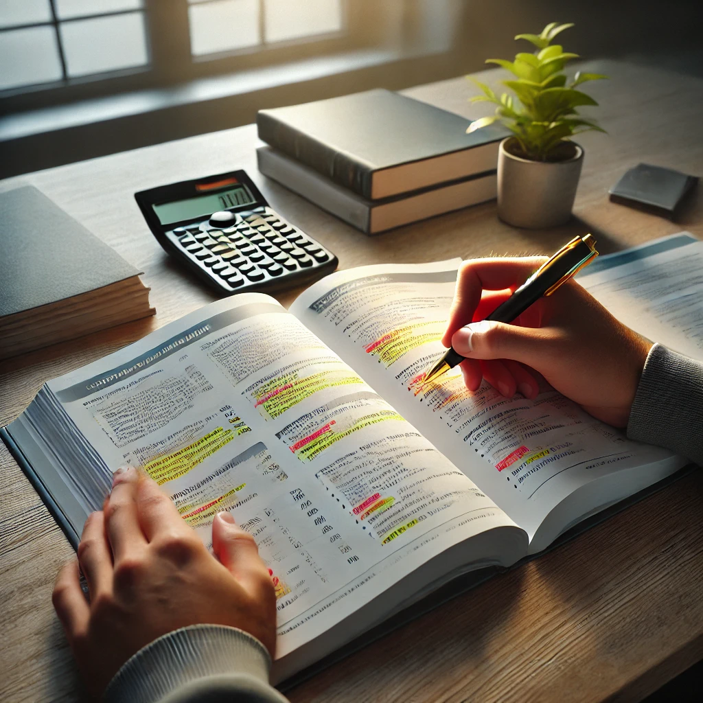 공인중개사 교재에 밑줄을 긋는 모습