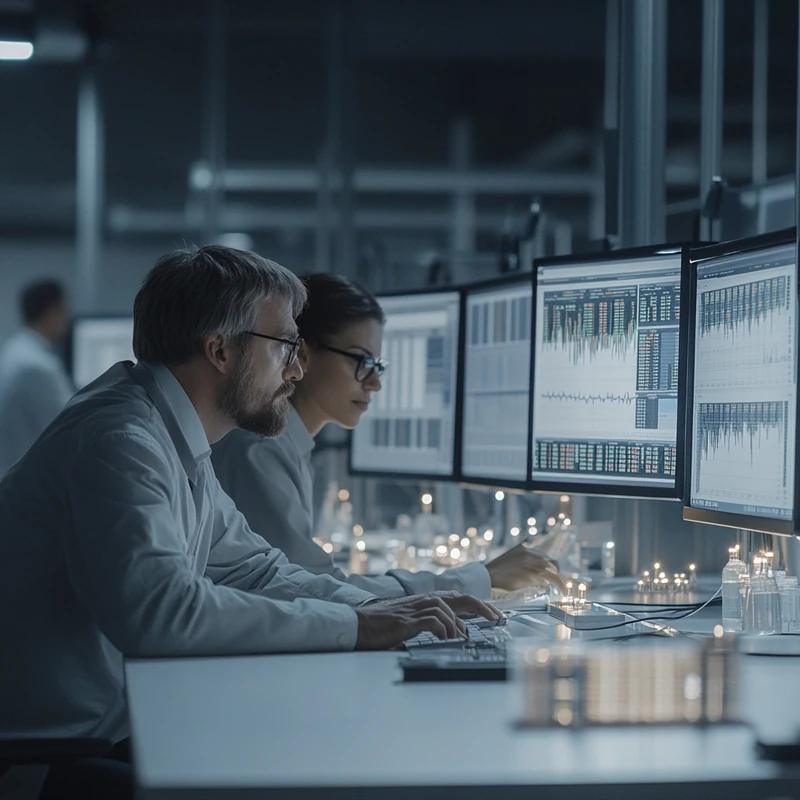 스마트한 오피스에서 투자자들이 유틸리티와 헬스케어 주식 데이터를 철저하게 분석하고 있는 장면, 컴퓨터 화면의 빛이 얼굴을 비추고 분석 지표들에 집중