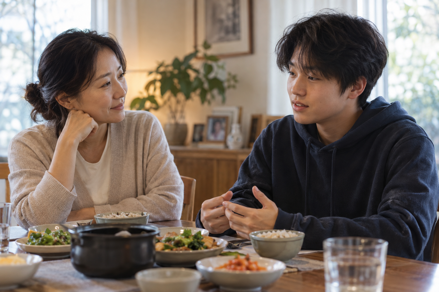 청소년이 식사를 피하고 체중에 집착할 때, 섭식장애 신호와 부모 상담 준비 상황을 부모와 아이가 실제 생활 공간에서 함께 확인하는 장면