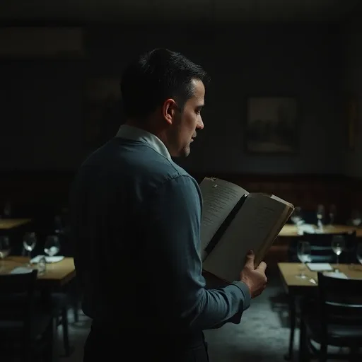 빈 매장 안에서 예약 장부를 들고 한숨을 쉬고 있거나, 손으로 얼굴을 감싸고 있는 식당 사장님의 뒷모습 또는 옆모습을 담습니다. 어두운 조명과 쓸쓸한 분위기를 통해 상실감을 강조합니다.