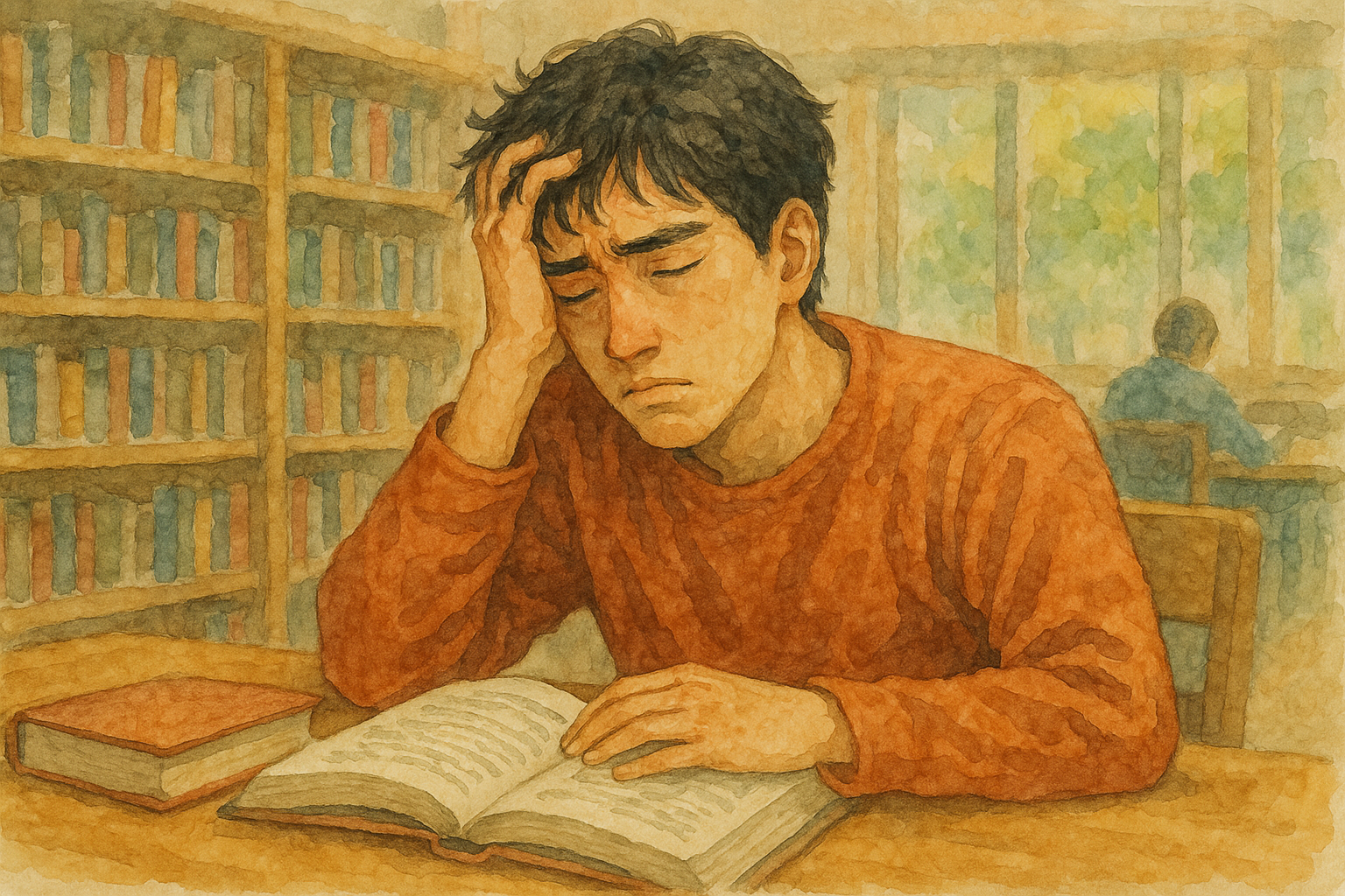 도서관에서 공부하는 청년