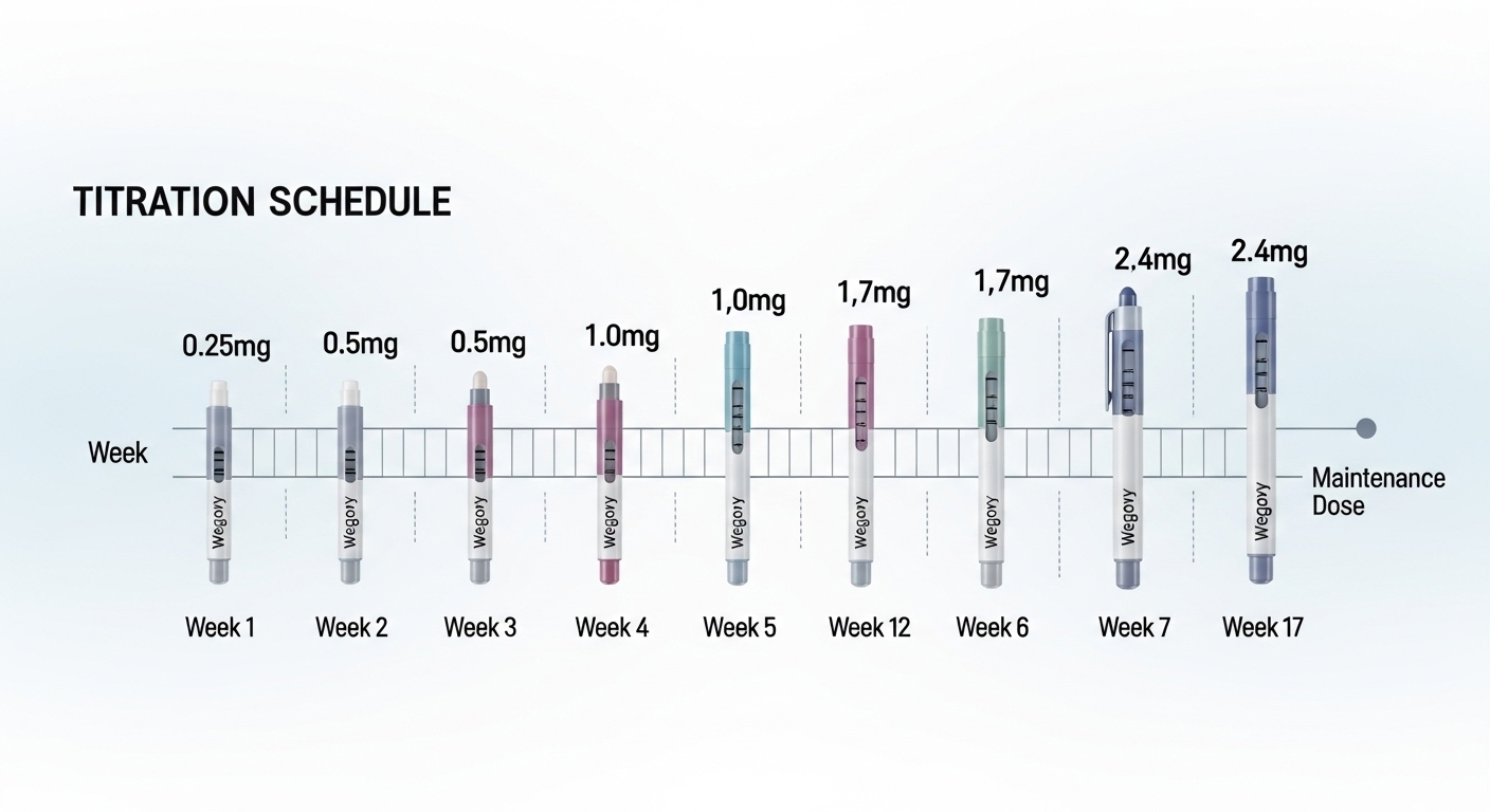 위고비 주사제의 용량별 단계적 증량 스케줄을 보여주는 의료 다이어그램.