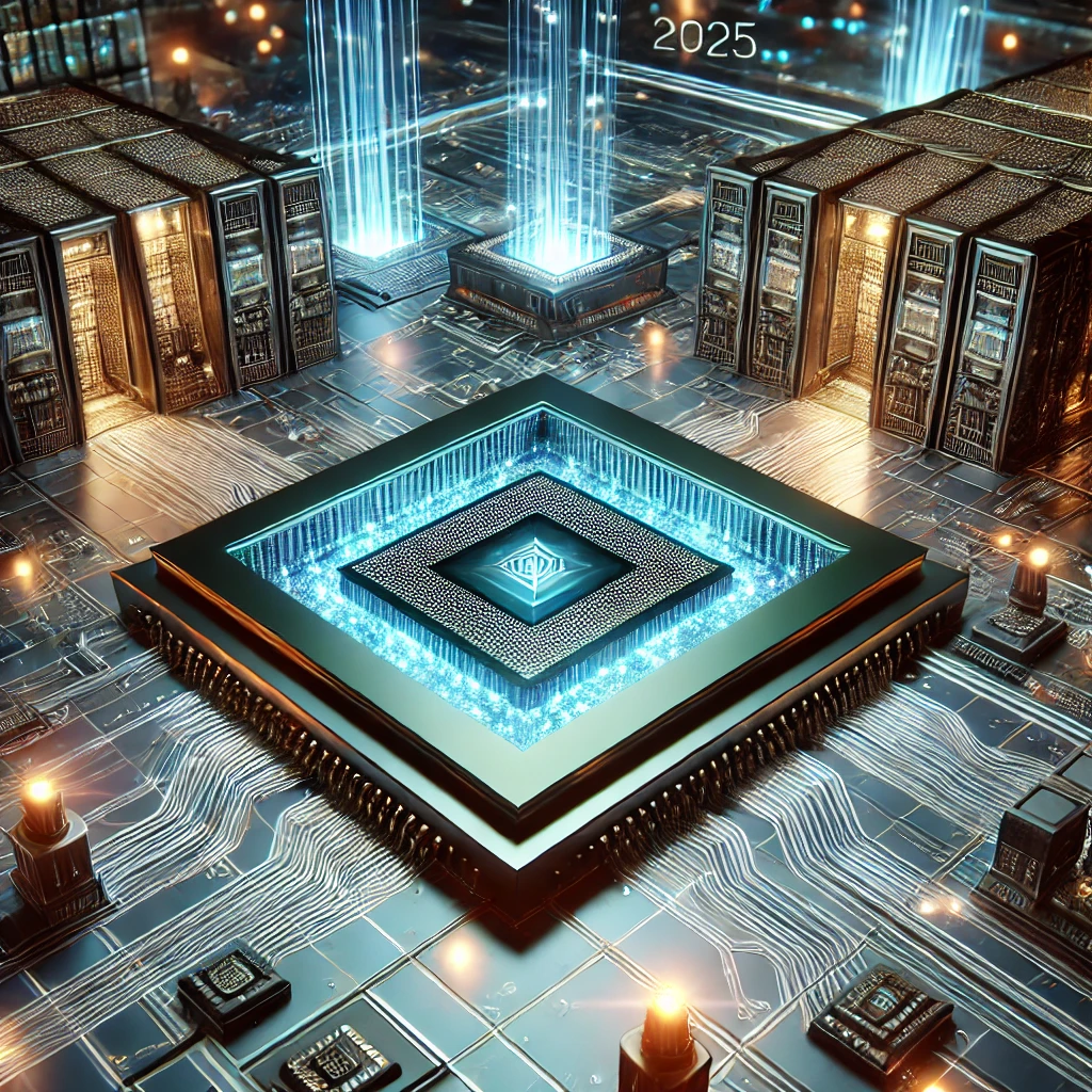 2025년 반도체 혁신을 표현하는 미래형 반도체 칩셋: AI 프로세서, 2nm 칩, 퀀텀 컴퓨팅이 융합된 하이테크 디지털 그래픽.