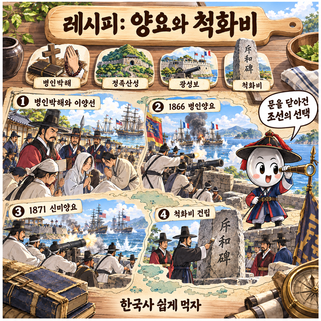 병인양요와 신미양요 과정을 레시피 형식으로 요약한 인포그래픽 이미지