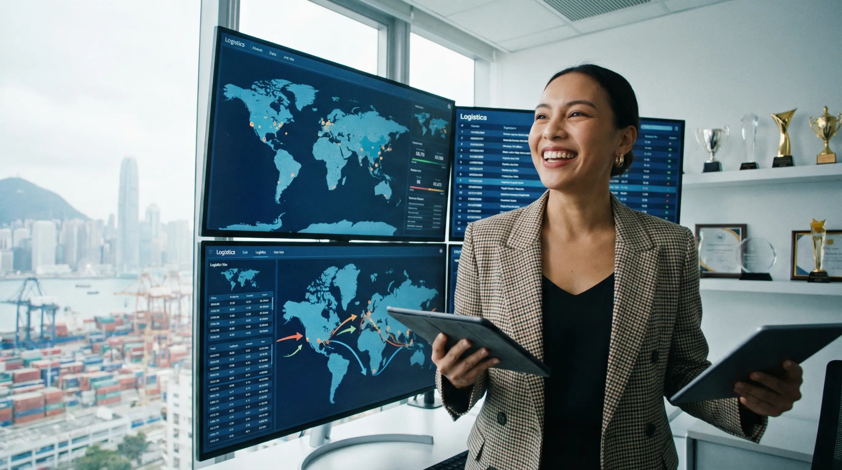 성공적인 창업 후 글로벌 무역 현황을 모니터링하며 자신감 넘치는 표정을 짓는 1인 창업가