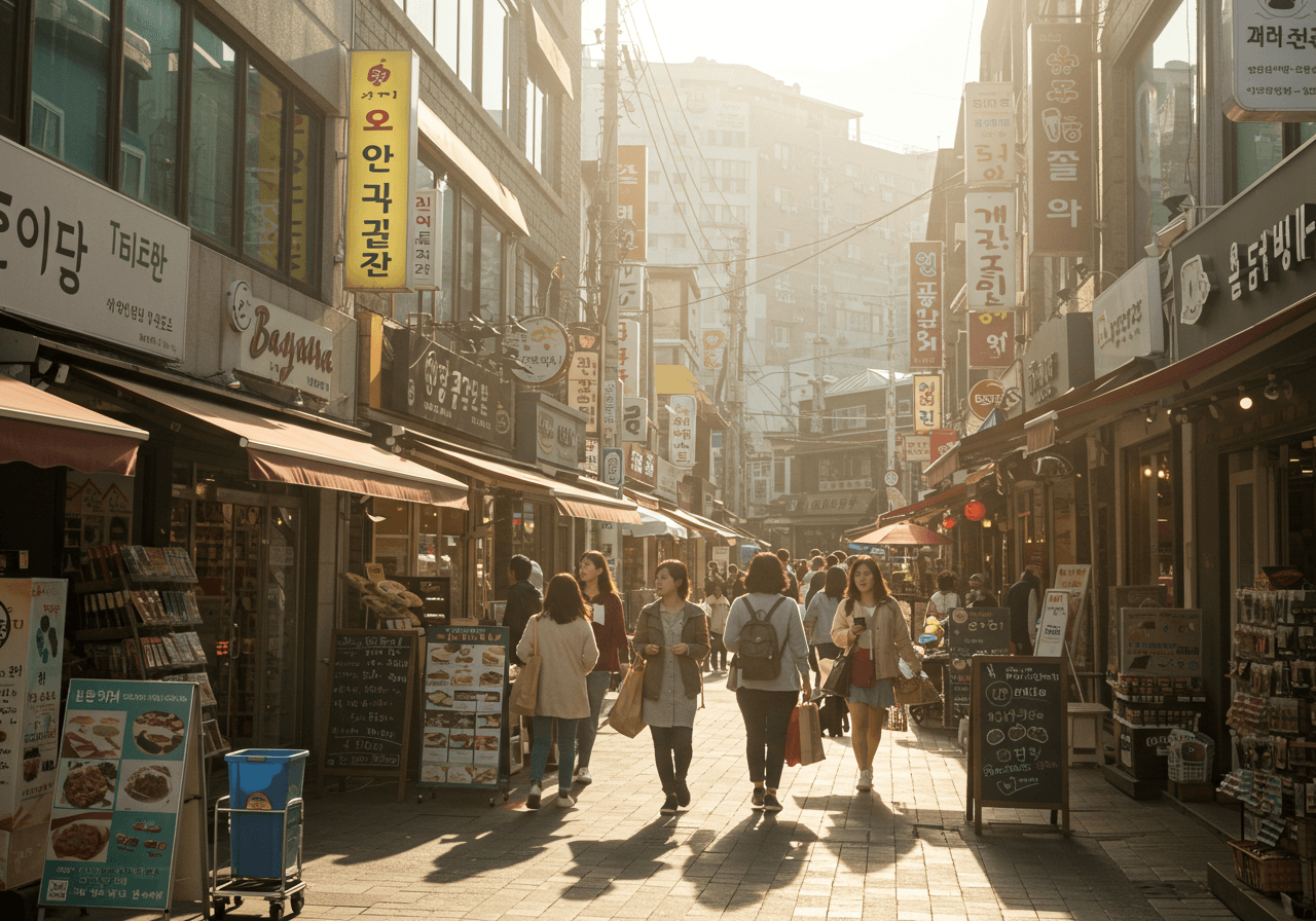 사람들로 붐비는 한국 도심 골목 상가 거리, 소상공인 매출 회복과 내수 활성화를 상징하는 장면