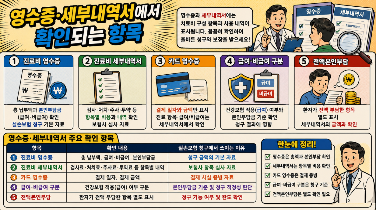 진료비 영수증과 진료비 세부내역서에서 확인되는 총 납부액, 본인부담금, 급여&middot;비급여, 전액본인부담 항목을 정리한 옛날 만화 형식 의료 인포그래픽