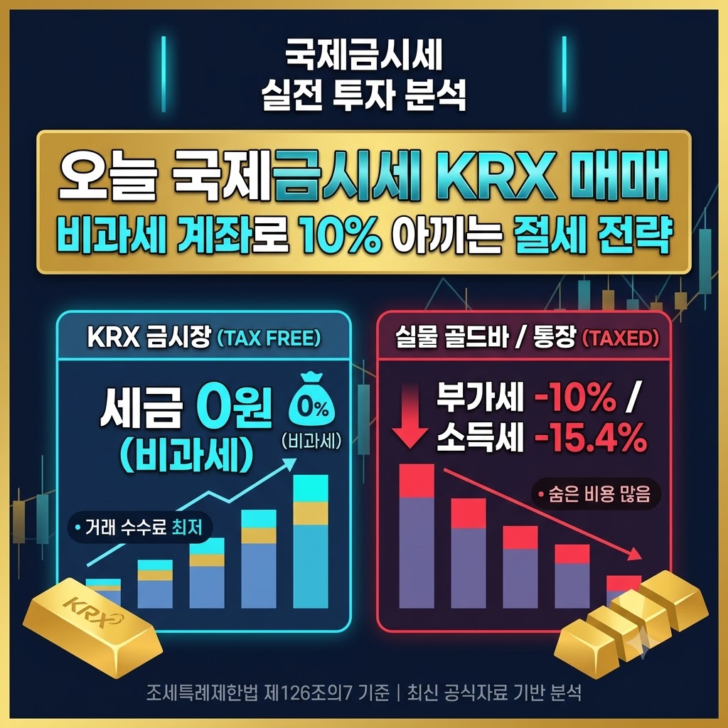 KRX 금시장 비과세 혜택과 실물 골드바 및 골드뱅킹의 부가가치세 10%와 소득세 15.4%를 비교한 국제금시세 절세 인포그래픽