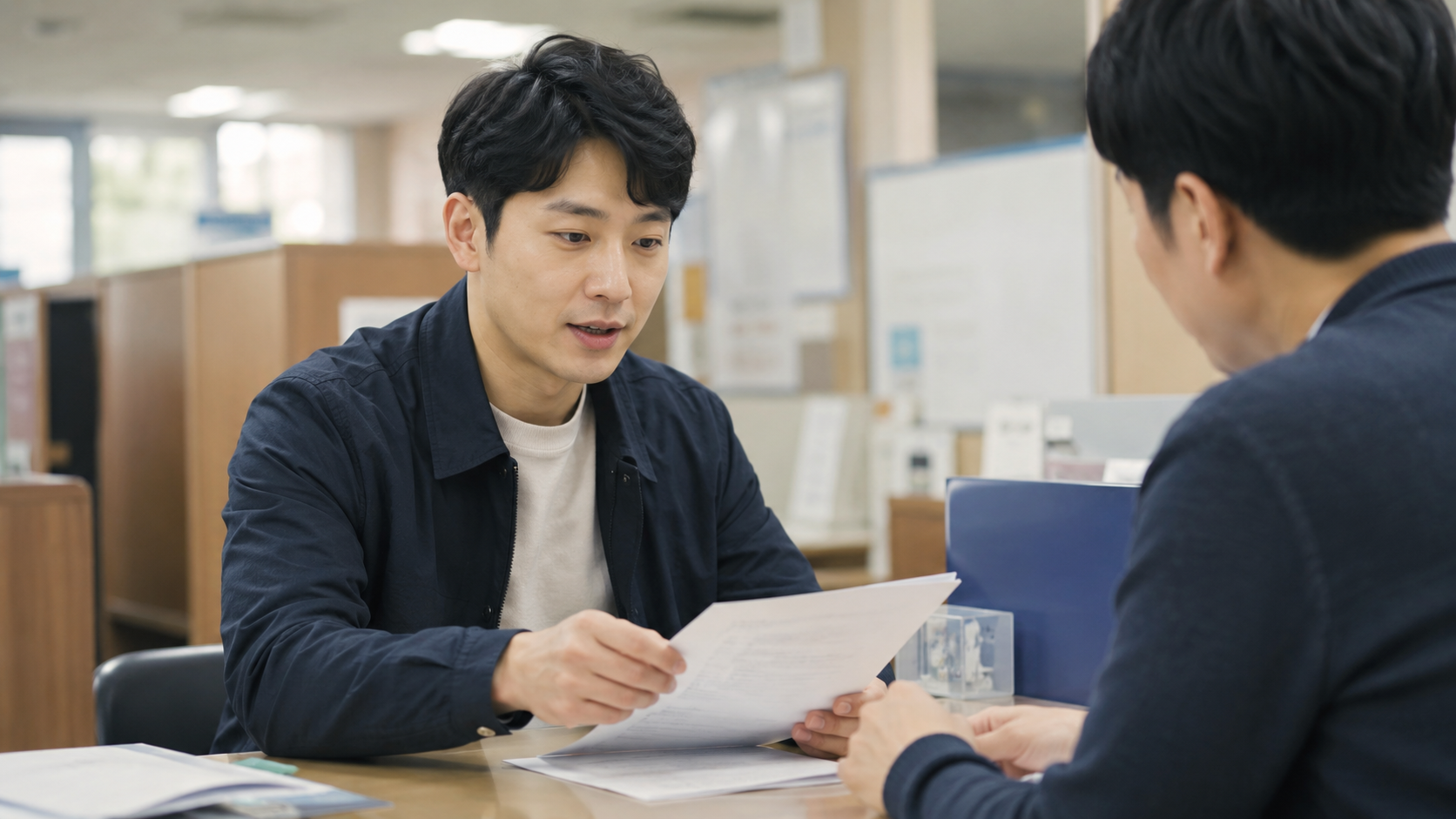 복지센터에서 서류 상담받는 청년