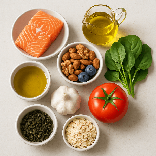 혈관 건강에 좋은 다양한 식재료가 정돈된 모습, 연어,올리브유,시금치,견과류등