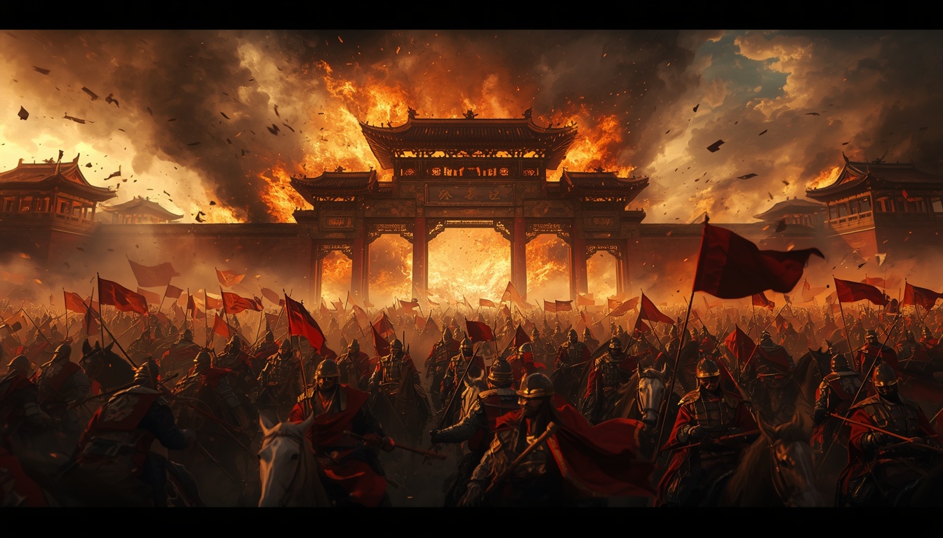 A magnificent and dramatic battle illustration of heavily armed northern nomadic cavalry pouring unstoppably through the burning gates of ancient Chinese city.