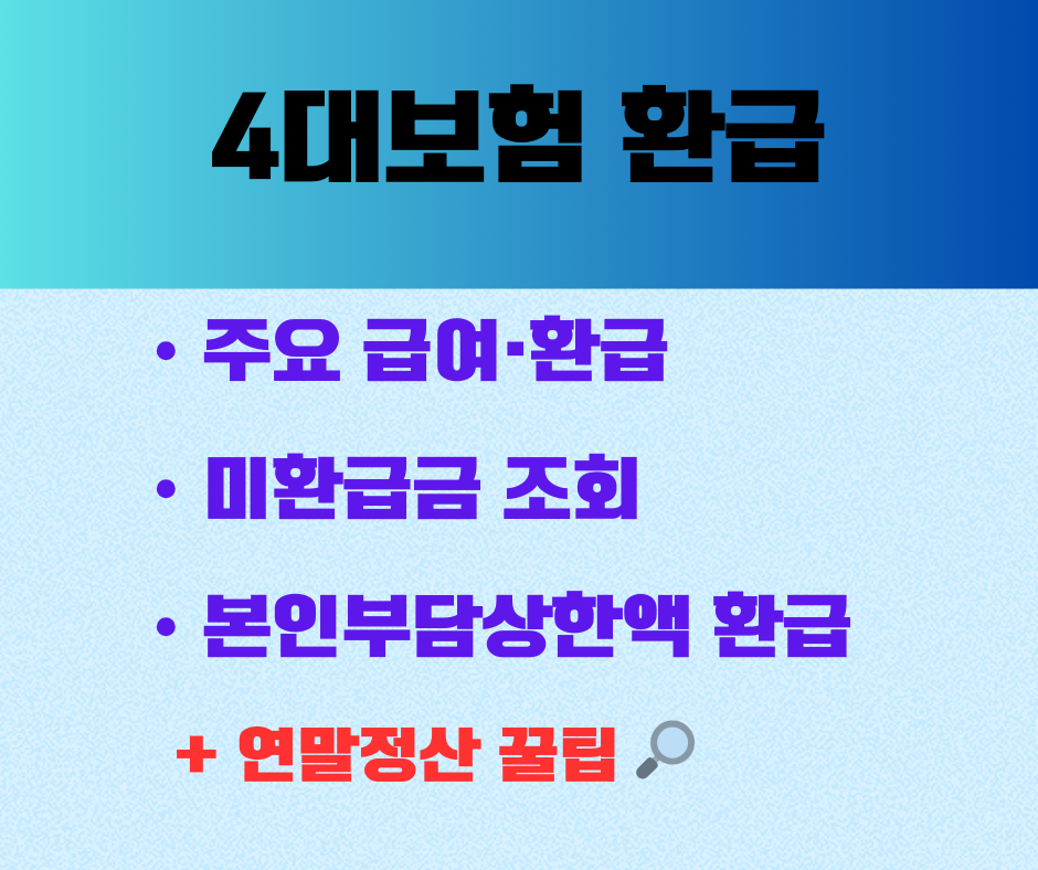 4대보험 환급 및 신청 안내, 주요급여 환급, 미환급금 조회, 건강보험, 국민연금, 고용보험, 산재보험, 납입액 확인, 본인부담상한액, 연말정산 꿀팁 리스트