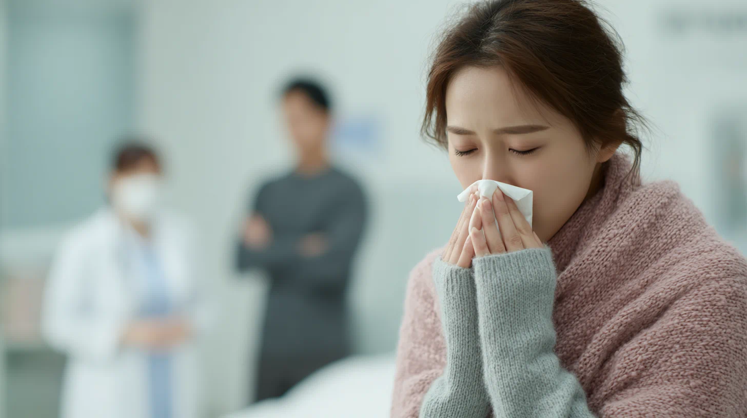 기침하면서 가래 증상으로 불편해하는 환자 이미지