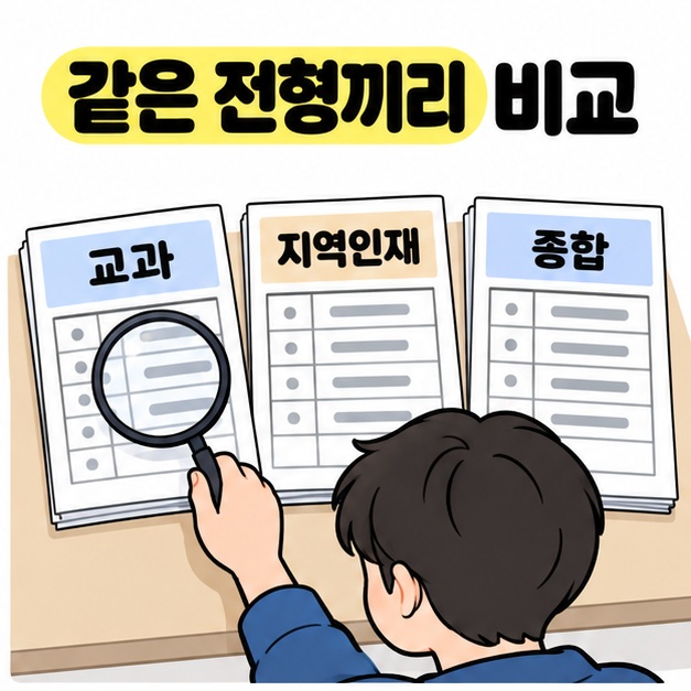 교과, 지역인재, 종합 자료를 나란히 펼치고 학생이 돋보기로 같은 전형의 표를 확인하는 모습