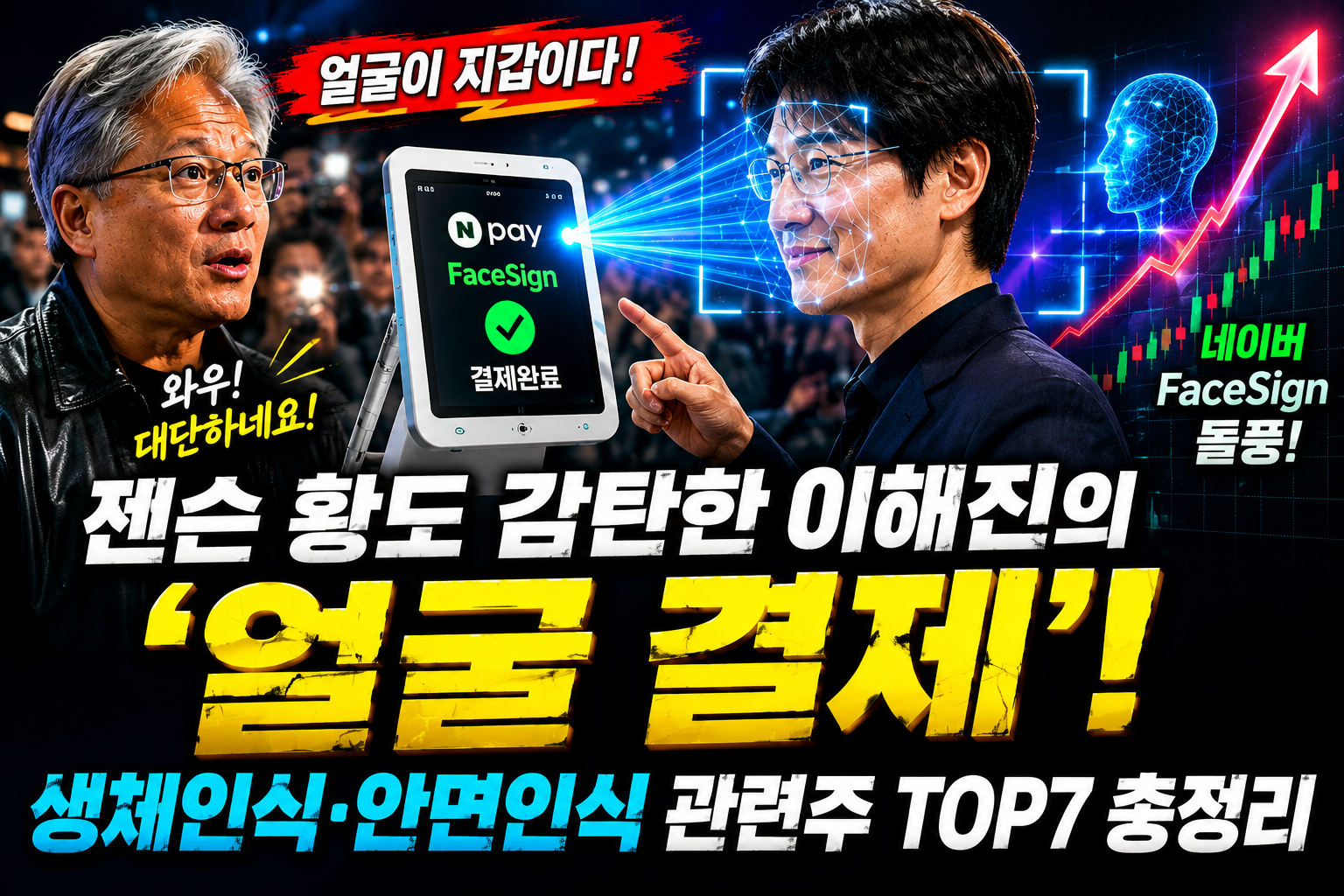 젠슨 황 앞에서 이해진 네이버 의장이 네이버페이 페이스사인 얼굴 결제를 시연하고 생체인식 안면인식 관련주 TOP7이 강조된 투자 블로그 썸네일 이미지
