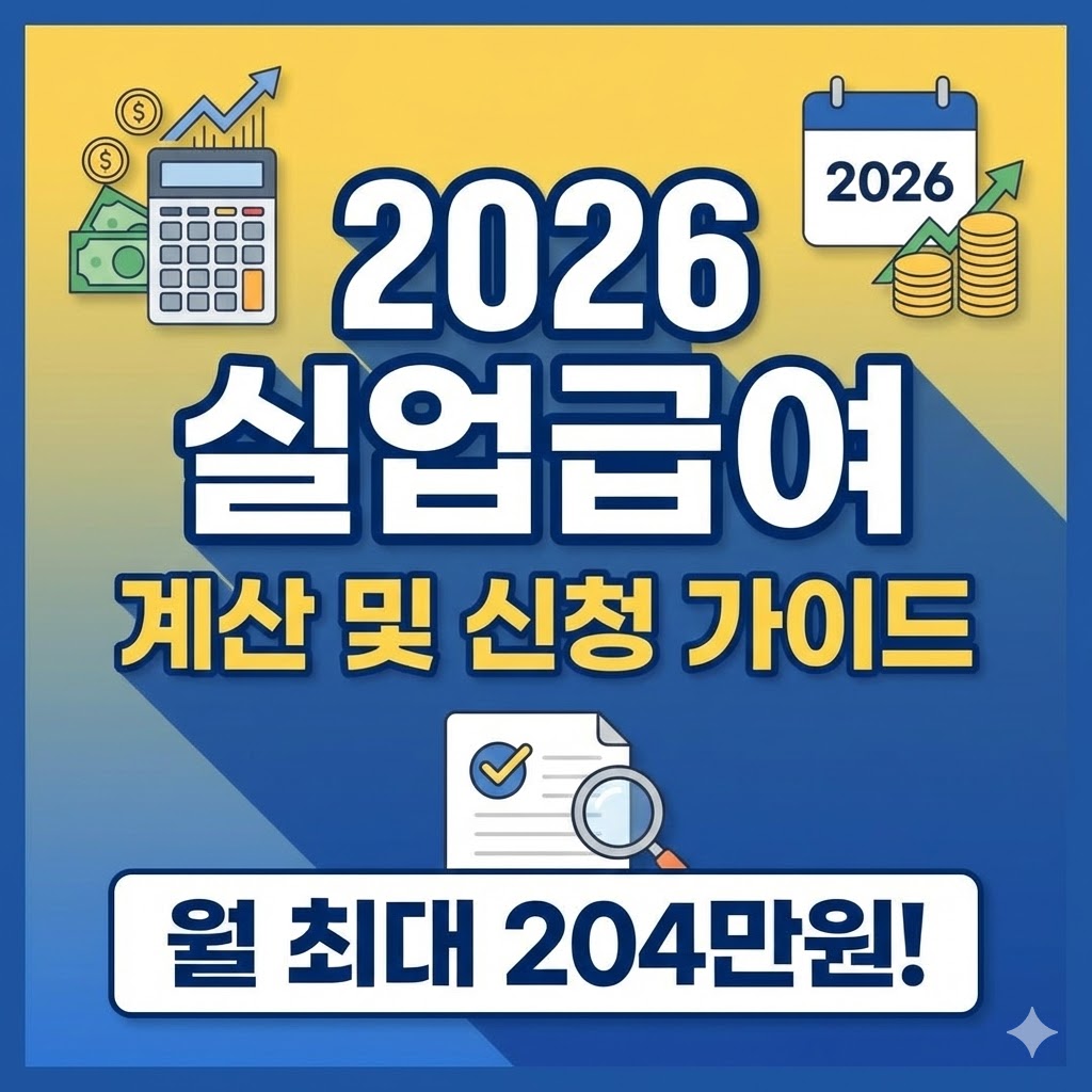 2026년 인상된 실업급여 상한액(68,100원)과 하한액 정보, 연령 및 가입 기간별 수급 기간표, 그리고 고용24를 통한 4단계 실업급여 신청 절차를 요약한 인포그래픽 이미지