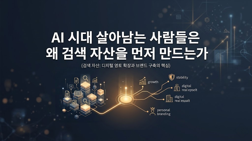 톤다운된 블루와 그레이가 섞인 미니멀하고 차분한 배경 위에 짙은 네이비와 깔끔한 화이트 컬러의 폰트로 "AI 시대 살아남는 사람들은 왜 검색 자산을 먼저 만드는가"라는 제목이 군더더기 없이 중앙에 배치되어 있습니다. 전체적으로 화려한 그래픽 요소를 배제하고 가독성과 전문성을 높인 타이포그래피 중심의 스튜디오 감성 썸네일 디자인입니다.