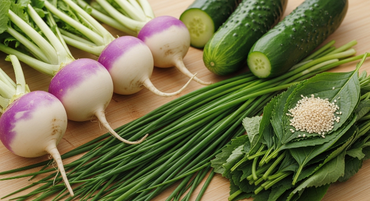 신선한 채소들을 보여주고 있는 이미지입니다. 무우, 파, 오이, 깻잎 등이 가지런히 놓여 있습니다.
