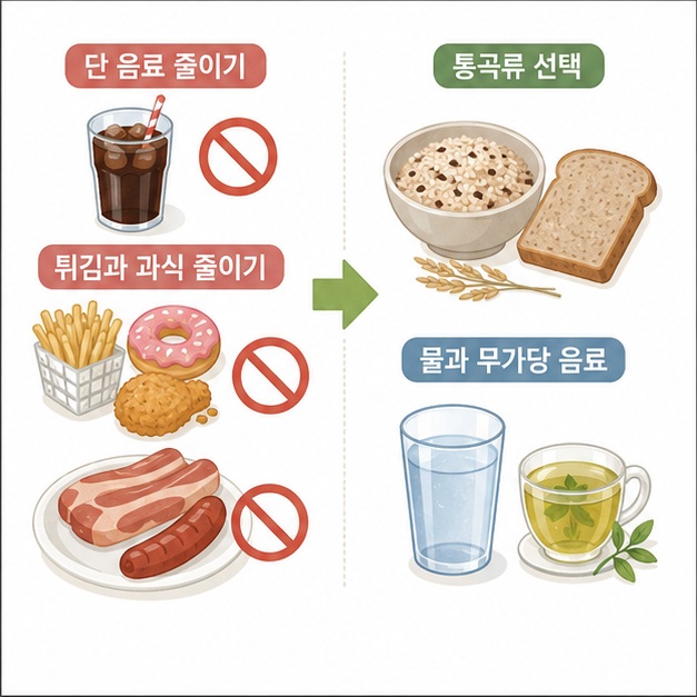 탄산음료와 튀김, 기름진 육류와 과식을 줄이고 물과 통곡류, 삶거나 찐 음식을 선택하는 식사 방법을 비교한 그림