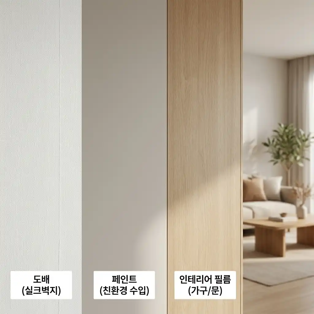 도배(실크벽지), 페인트( matte warm gray), 인테리어 필름(우드 그레인)의 실제 시공 후 질감과 시각적 차이를 한눈에 비교하는 세 개의 세로 패널 이미지. 한국어 라벨 포함.