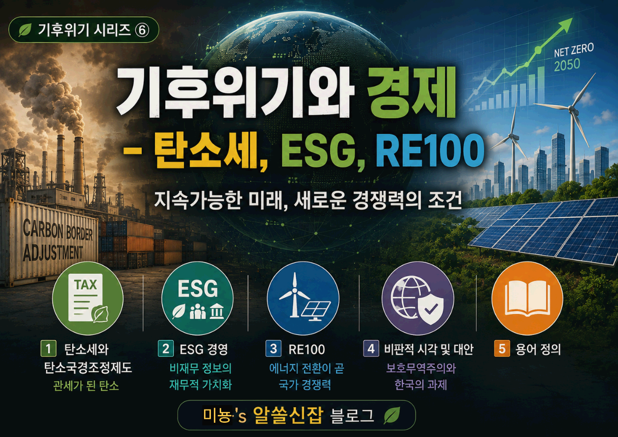 목차
탄소세와 탄소국경조정제도: 관세가 된 탄소
ESG 경영: 비재무 정보의 재무적 가치화
RE100: 에너지 전환이 곧 국가 경쟁력
비판적 시각 및 대안: 보호무역주의와 한국의 과제
용어 정의