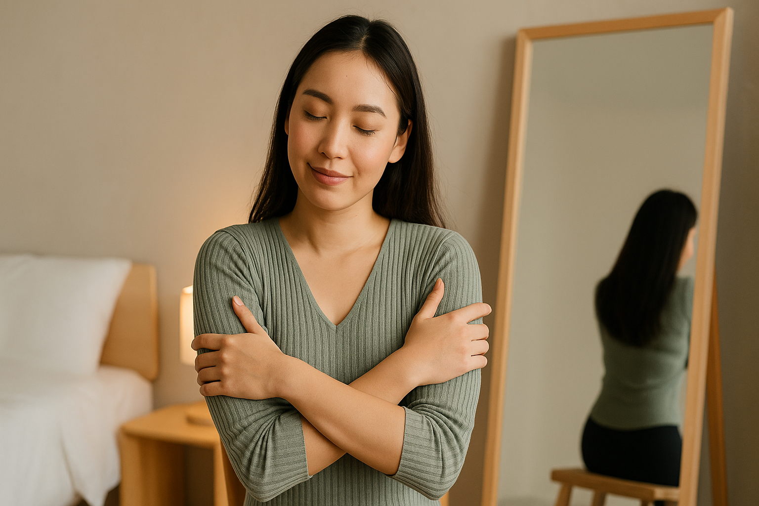 거울 앞에서 두 팔로 자신을 감싸 안으며 평온한 표정으로 자존감을 되새기는 젊은 여성의 모습
