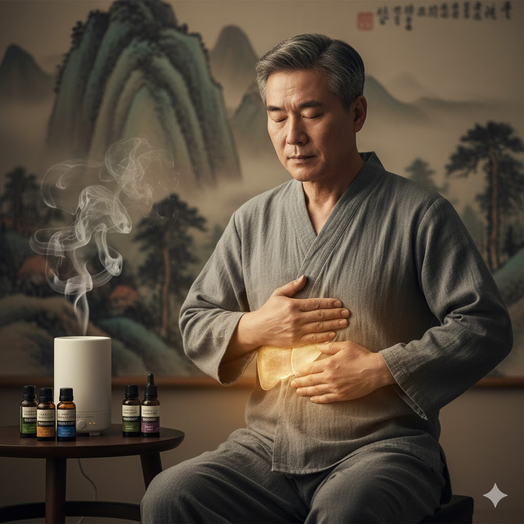 편안한 자세로 앉아 있는 중년 남성이 자신의 옆구리(간경락 부위)에 마사지 오일을 바르고 부드럽게 마사지하는 모습. 옆에는 아로마 디퓨저가 작동하며 은은한 향이 피어오르고, 전체적으로 차분하고 이완된 분위기를 연출합니다.