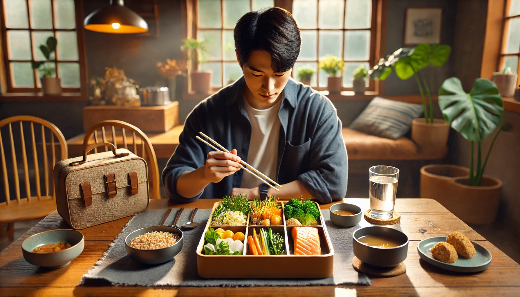 건강을 위해 저속노화 도시락을 먹으며 균형 잡힌 식사를 즐기는 한국인