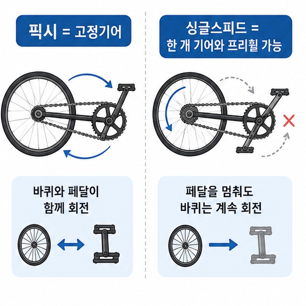 고정기어를 사용하는 픽시와 프리휠을 사용할 수 있는 싱글스피드 자전거의 차이를 비교한 이미지