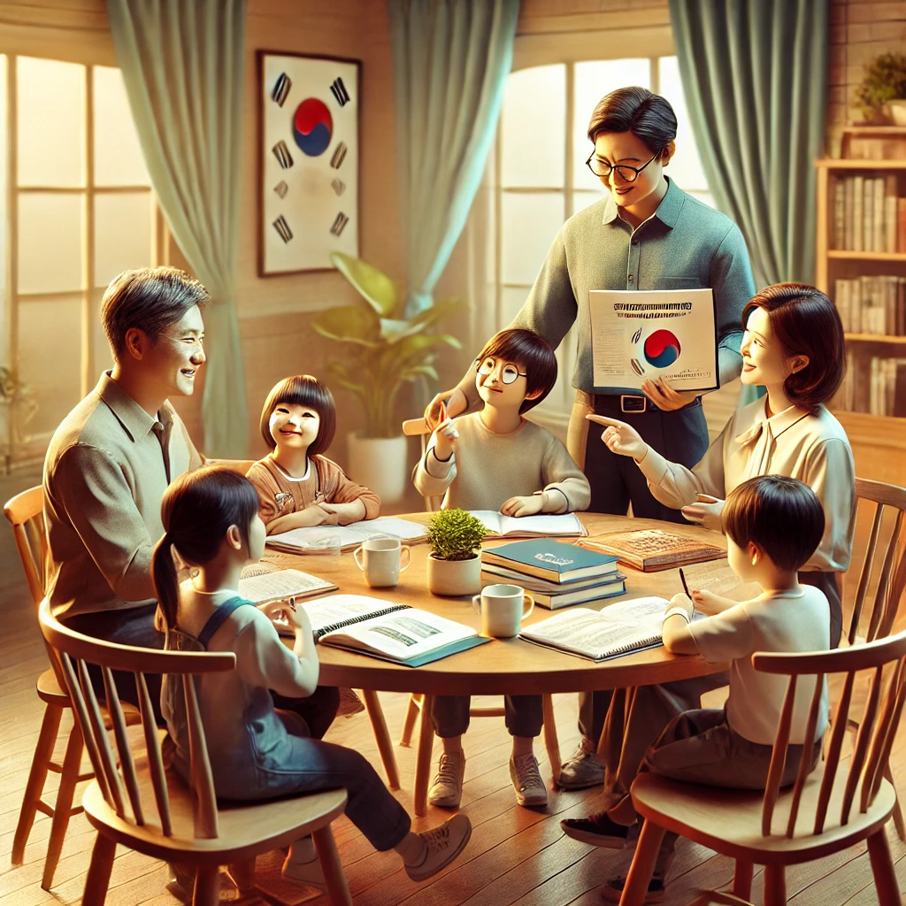가족이 둥근 테이블에 둘러앉아 서로의 성취를 공유하며 격려하는 장면. 노트와 협력적인 분위기가 특징