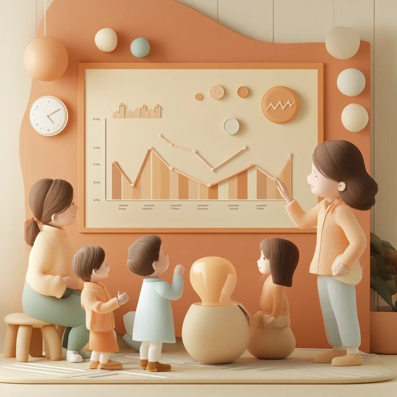 가족이 함께 미래 연금 ETF 자산 성장 그래프를 확인하며 안정적인 노후 준비를 기대하는 분위기. 연금 ETF 장기 성장, 가족, 노후 준비, 자산 증식, 미래 그래프 조화