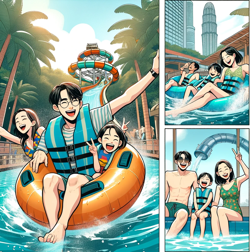 워터파크에서 튜브를 타고 미끄럼틀을 내려오는 가족의 모습