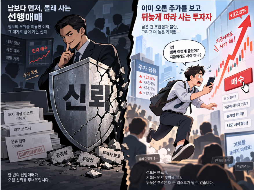 펀드 선행매매로 금이 가는 신뢰의 방패와 뒤늦게 따라 사는 투자자를 대비한 일러스트