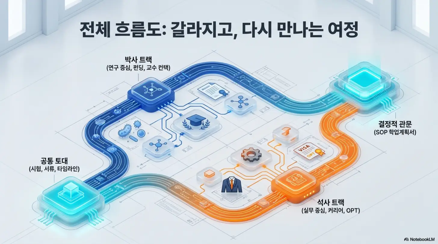 미국 이공계 대학원 유학 준비의 전체 흐름을 보여주는 지형도. 공통 토대에서 출발해 박사 트랙과 석사 트랙으로 갈라지고 결정적 관문인 SOP에서 다시 만나는 준비 과정을 회로 모양 길로 표현한 인포그래픽.