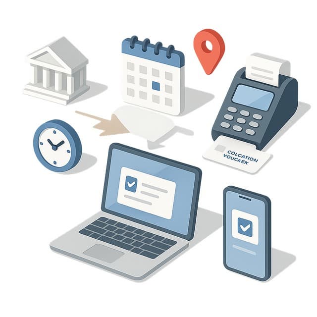 노트북·스마트폰(온라인 신청 느낌)과 정부청사 아이콘, 복지 포털로 가는 화살표, 타이머·달력·위치핀·카드 리더기 픽토그램