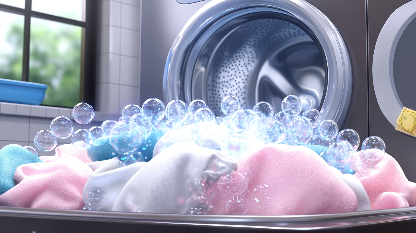 에코버블 기술을 활용하여 섬세한 천을 부드럽게 세탁하는 에너지 절약적 작동 방식을 보여주는 인포그래픽 이미지