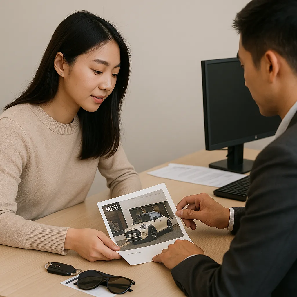 MINI 브로셔를 상담사와 함께 살펴보는 고객
