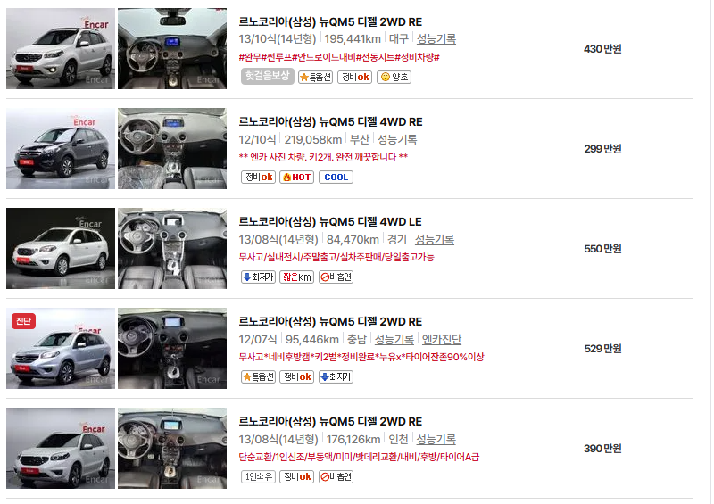 르노코리아 QM5 중고차 가격 시세표 유지비