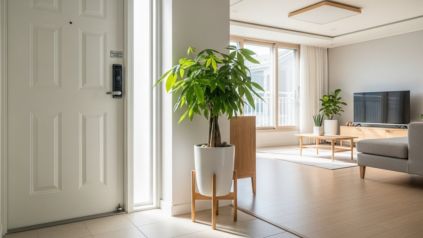 풍수지리적으로 복을 부르는 식물 배치를 위해 밝은 현관 입구에 놓인 금전수와 깨끗하고 조화로운 실내 인테리어 이미지