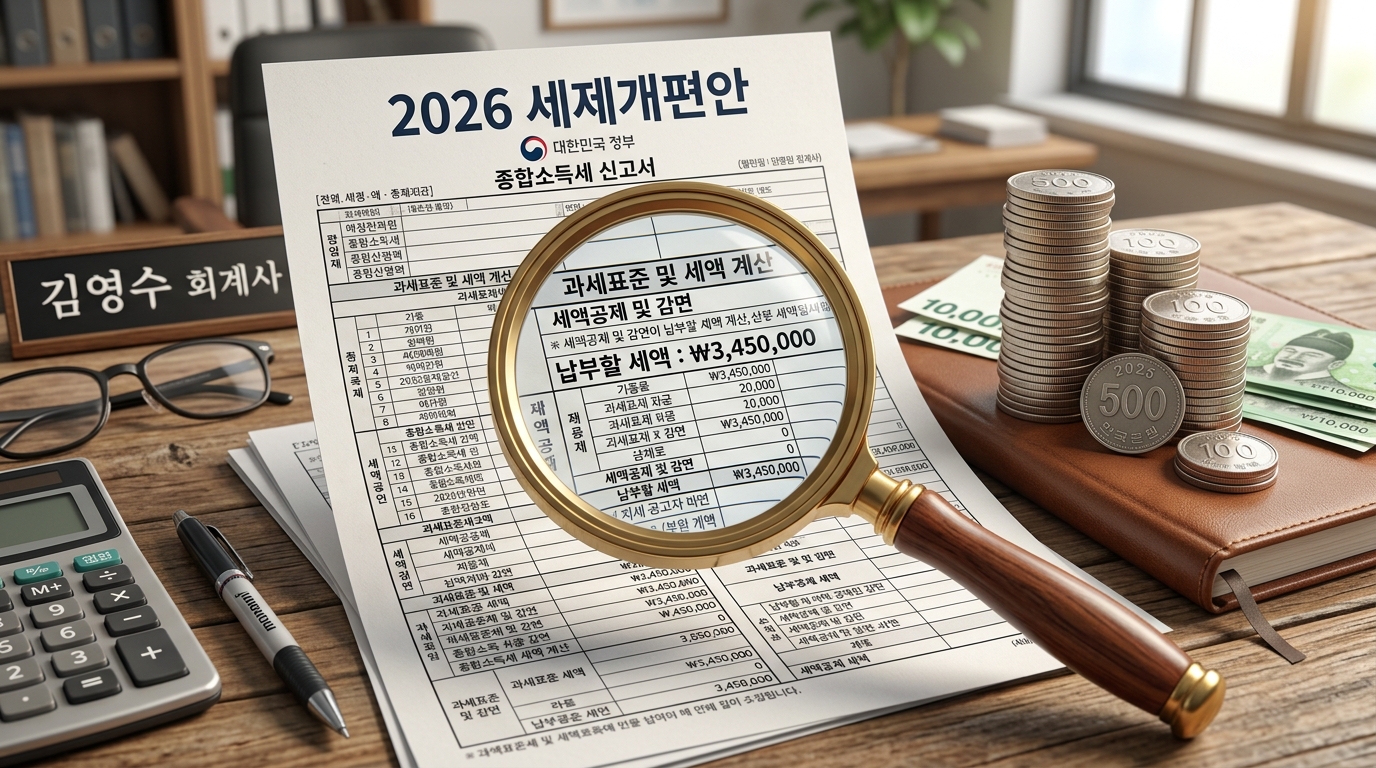 2026년 종부세 및 재산세 세법 개정안 문서를 돋보기로 분석하는 모습
