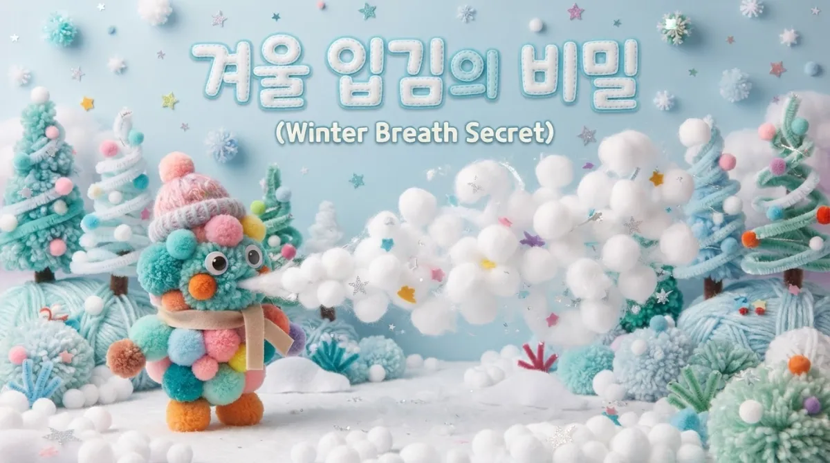 알록달록한 폼폼 인형이 차가운 겨울 숲에서 하얀 입김을 내뱉는 모습, 폼폼 스타일의 겨울 입김 이미지