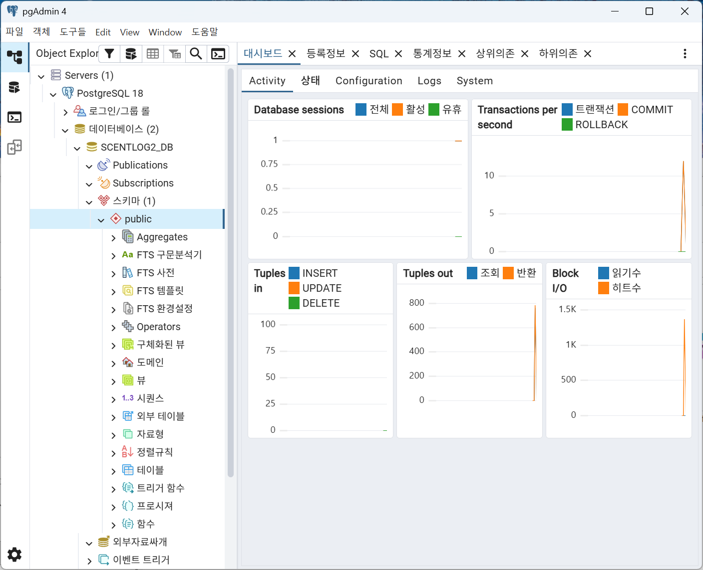 포스트그레슈케엘의 실제 내부를 볼 수 있는 화면
