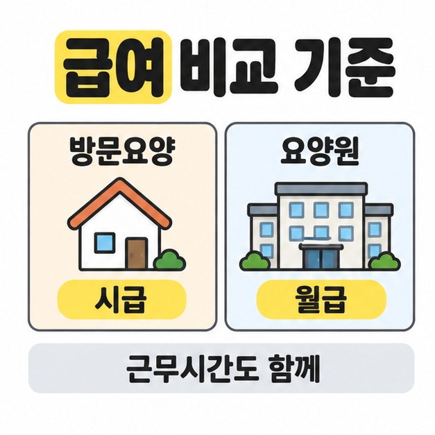 방문요양은 집 그림과 시급, 요양원은 건물 그림과 월급으로 비교하고 근무시간도 함께 확인하라고 안내하는 이미지