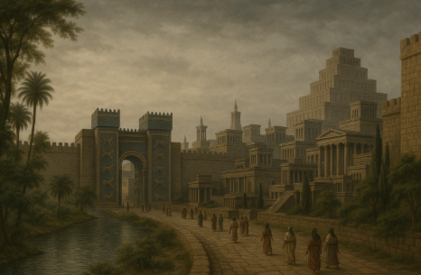 유프라테스 강변에 위치한 고대 바빌론 전경 복원 이미지
