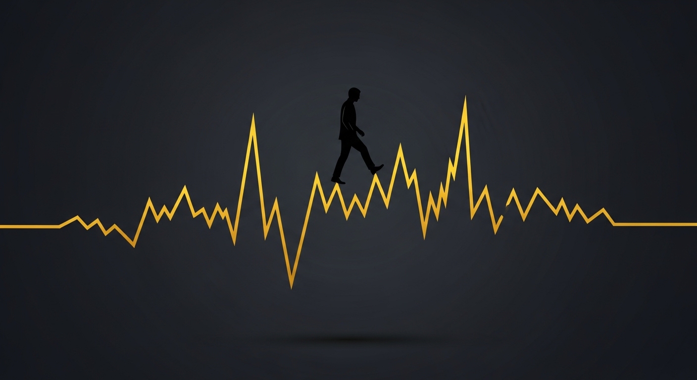 불안정하게 움직이는 금 시세 차트와 그 위를 걷는 사람의 모습
