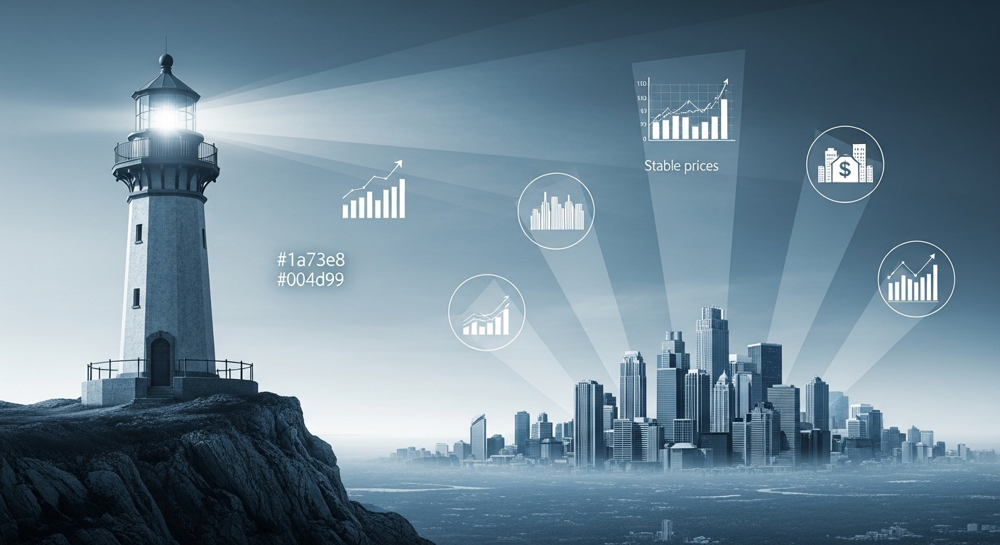 경제의 등대 역할을 하는 중앙은행을 묘사한 이미지로, 안정적인 물가와 금융 시장을 비추는 강력한 빛이 특징입니다.