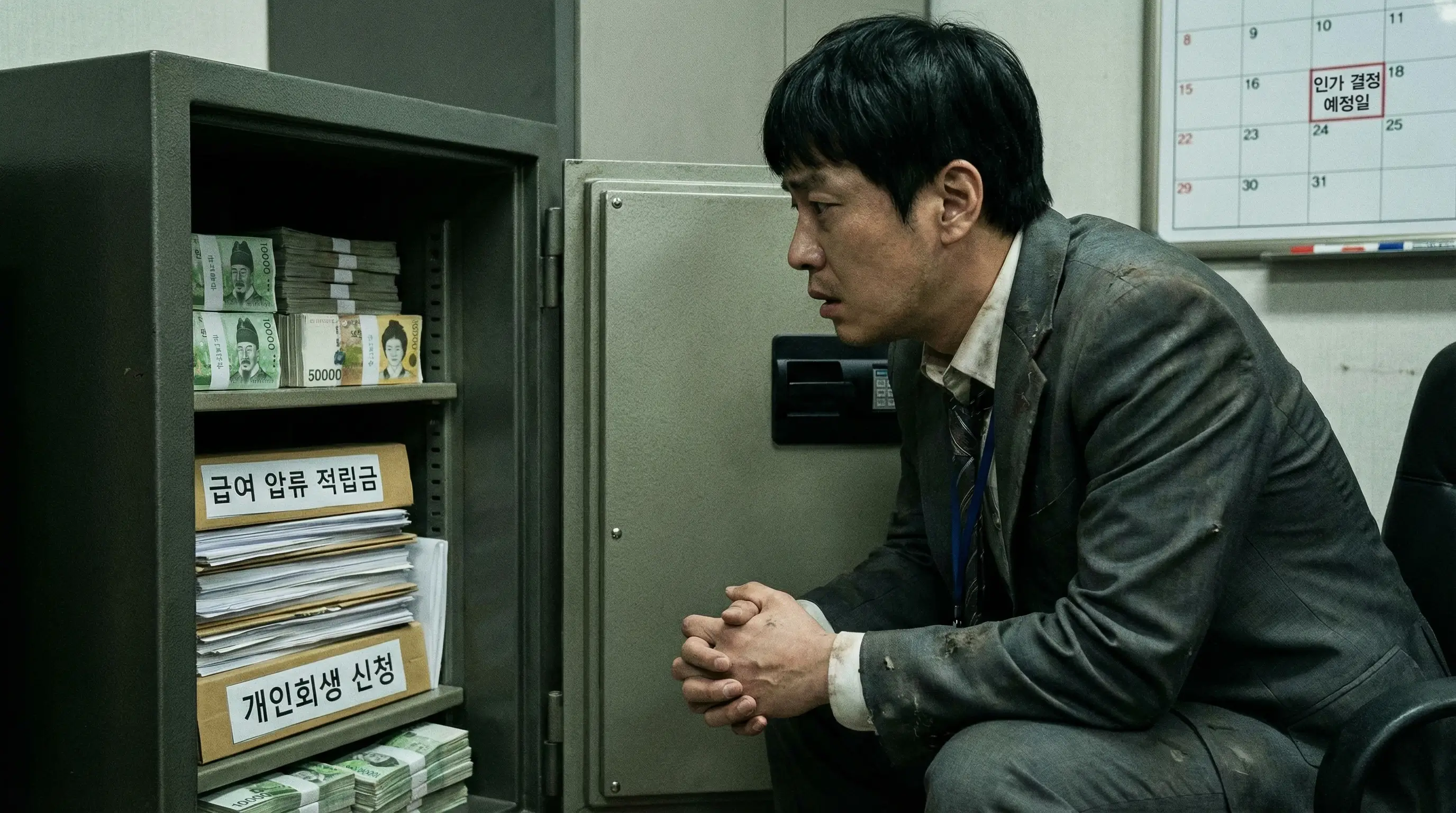 회사 금고에 쌓여있는 급여 압류 적립금을 바라보며 개인회생 인가 결정을 기다리는 직장인의 모습